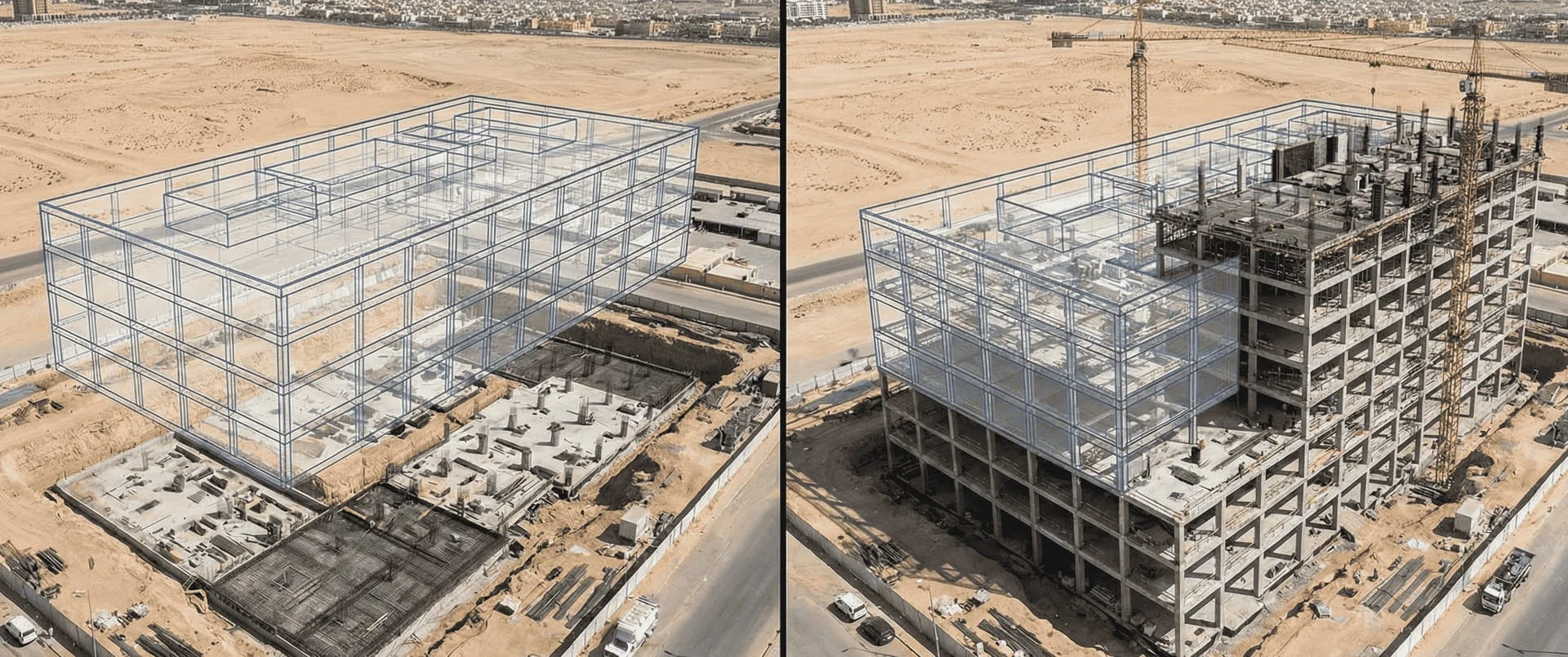 نموذج BIM وشبكة ثلاثية مشتقة من طائرة جنباً إلى جنب لبرج سعودي قيد الإنشاء مع طبقة انحراف