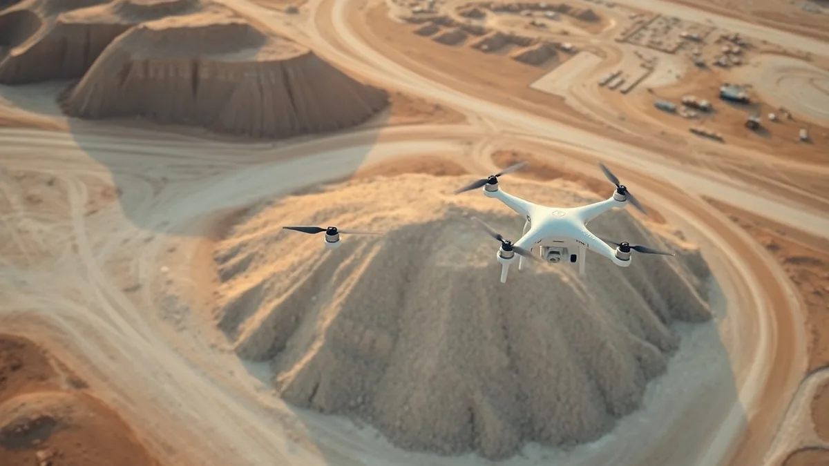 Drone orthomosaic and DEM of phosphate stockpile in northern Saudi Arabia with volumetric calculation overlay