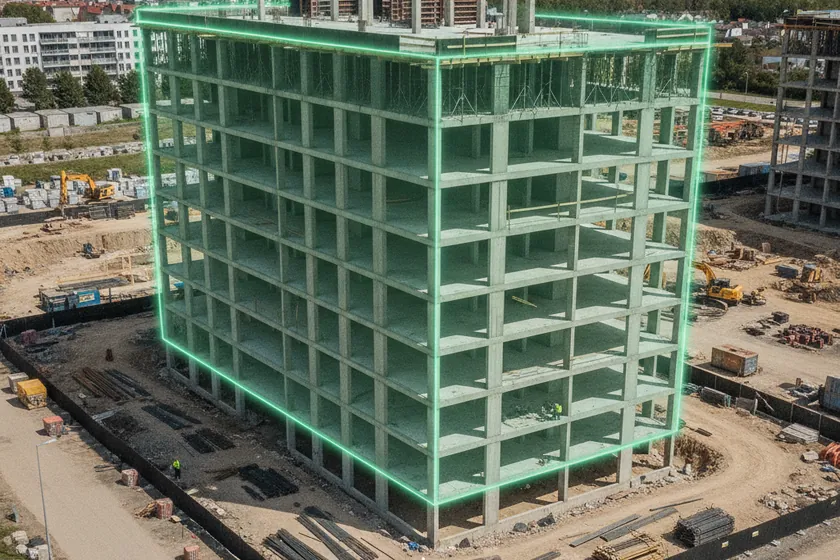 AI segmentation mask over a reinforced-concrete building structure on a construction site