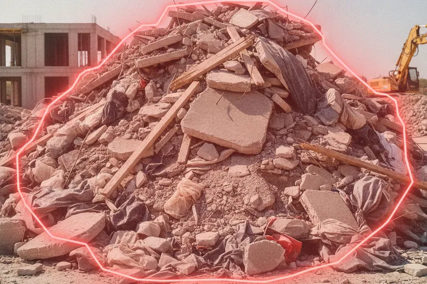 AI segmentation mask over a construction debris pile on a construction site