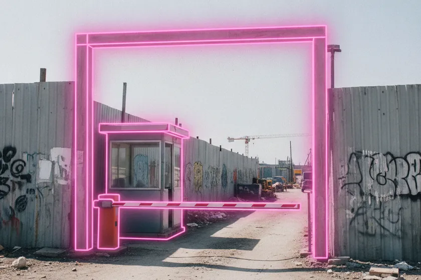 AI segmentation mask over a construction site entrance gate on a construction site
