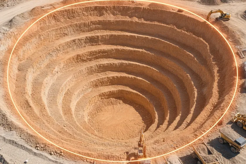 AI segmentation mask over a open excavation pit on a construction site