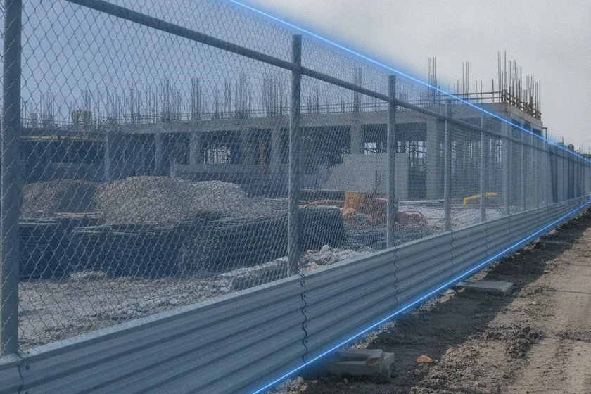 AI segmentation mask over a site perimeter fence on a construction site