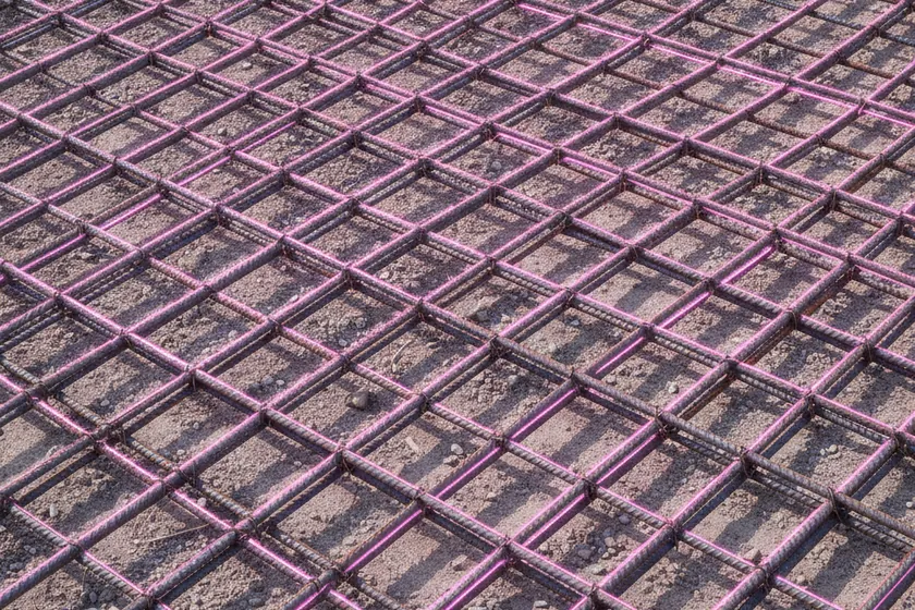 AI segmentation mask over a steel rebar grid on a construction site