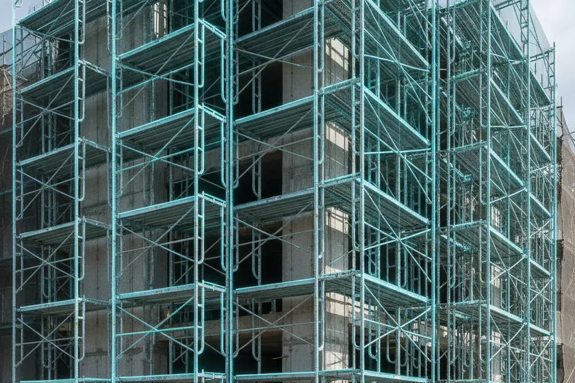 AI segmentation mask over a facade scaffolding on a construction site
