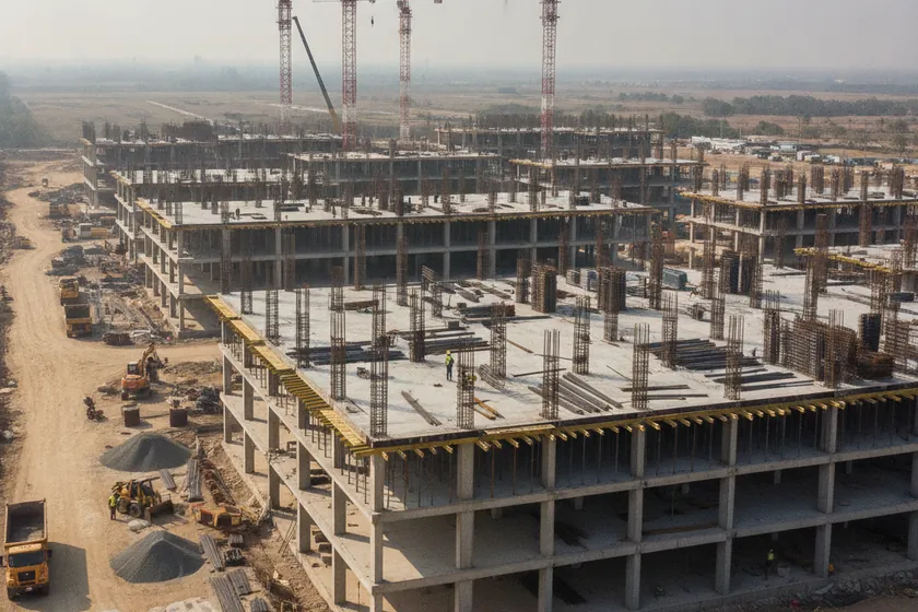 Aerial drone view of a large construction site with partially completed floors and cranes