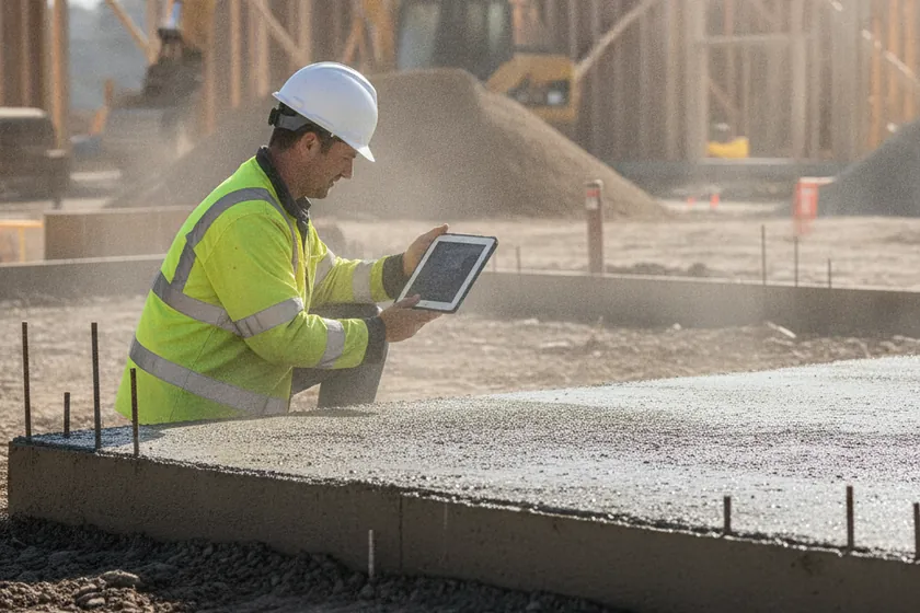 A site manager holding a tablet to photograph foundation works on a construction project