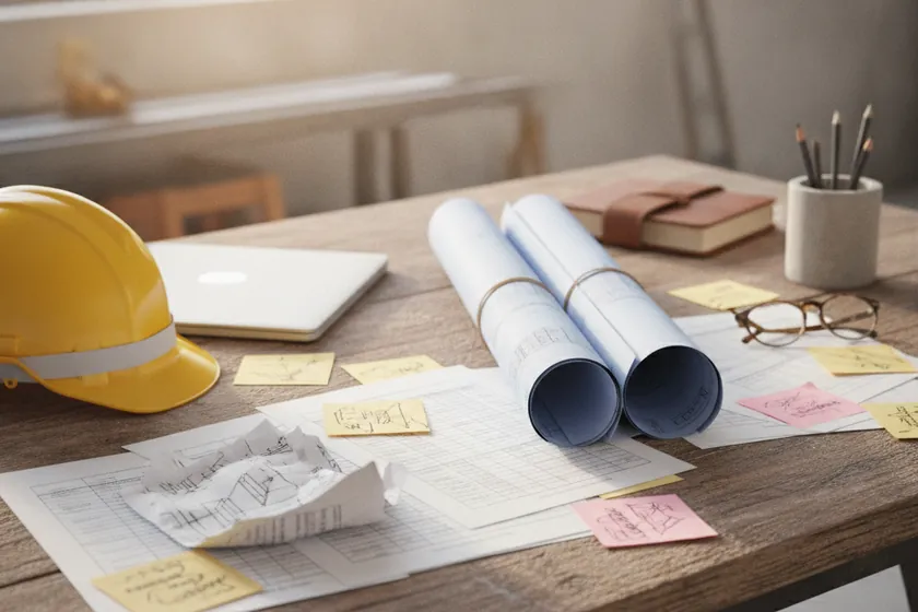 A project manager's desk with rolled blueprints, laptop, and printed progress spreadsheets