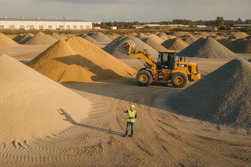 A worker counting sand and gravel piles at a construction materials yard