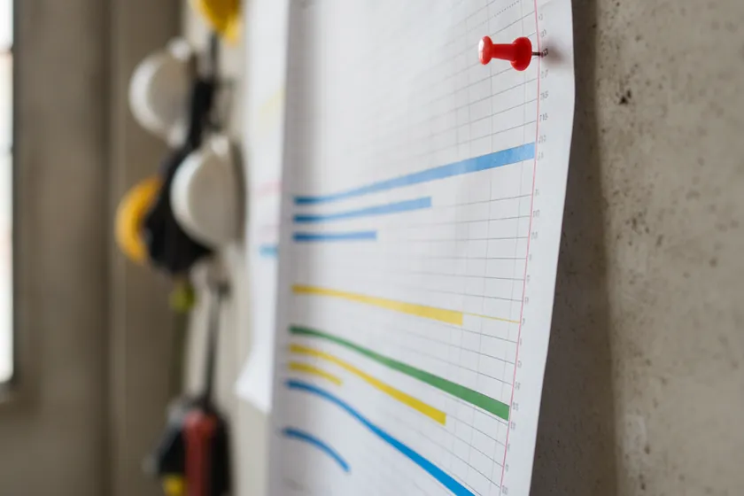 A printed Gantt chart pinned to an office wall with a task running past its planned finish