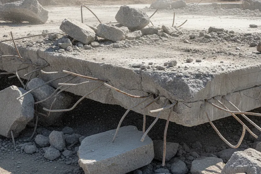 A demolished concrete slab with exposed rebar and rubble at a construction rework site