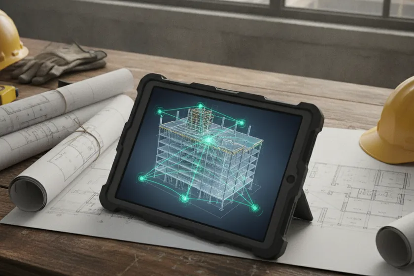 A BIM model on a tablet with drone flight paths overlaid on a 3D construction site plan