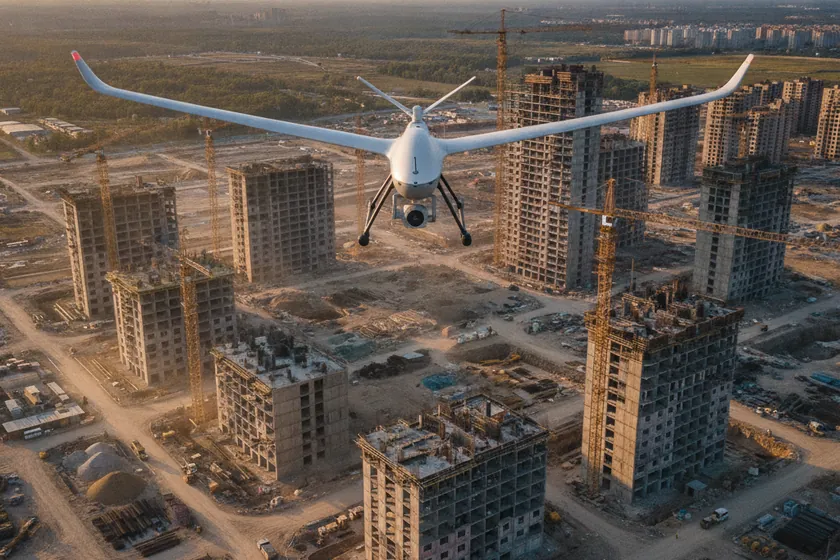 An automated mapping drone hovering above an active construction site at golden hour