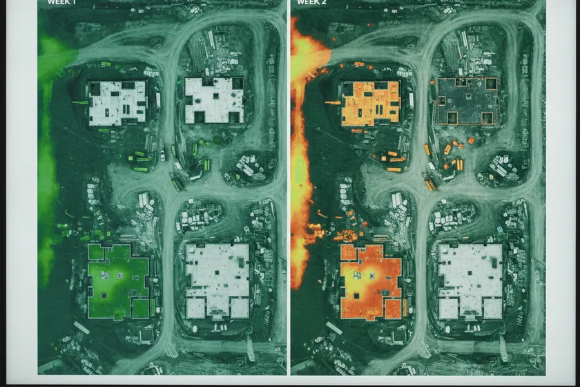 A split screen comparing last week's and this week's drone orthomosaics of the same construction zone
