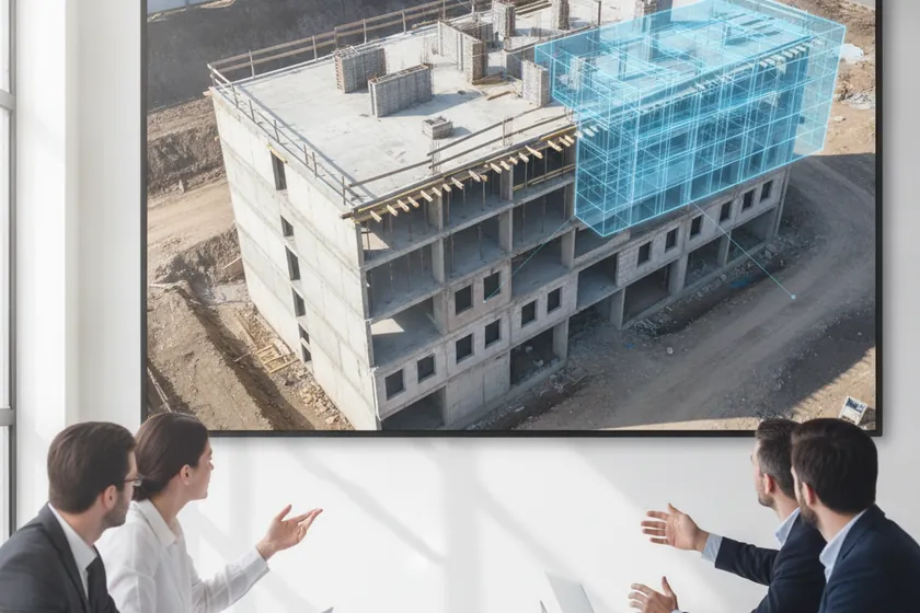 An aerial photo with a translucent BIM model overlay showing geometric drift on a building structure