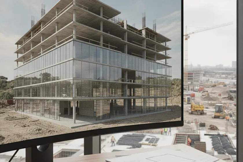 A textured 3D BIM model of a multi-storey building shown on a workstation next to a window overlooking an active construction site