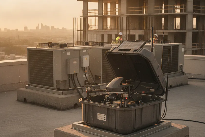 An autonomous drone-in-a-box docking station on a rooftop with a quadcopter visible inside the open clamshell