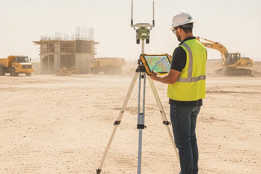 A surveyor on a construction site checking a tripod-mounted GNSS base station while holding a tablet showing a topographic map