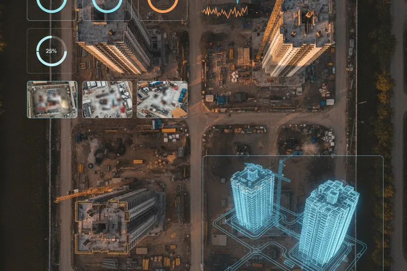 Construction monitoring platform overview: per-tower progress percentage, deviation breakdown, hottest zones and 3D digital twin map