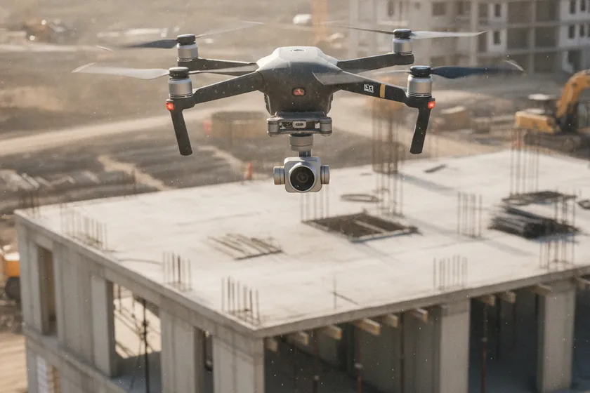 A quadcopter drone hovering over a concrete-frame building under construction, capturing an orthomosaic of the site