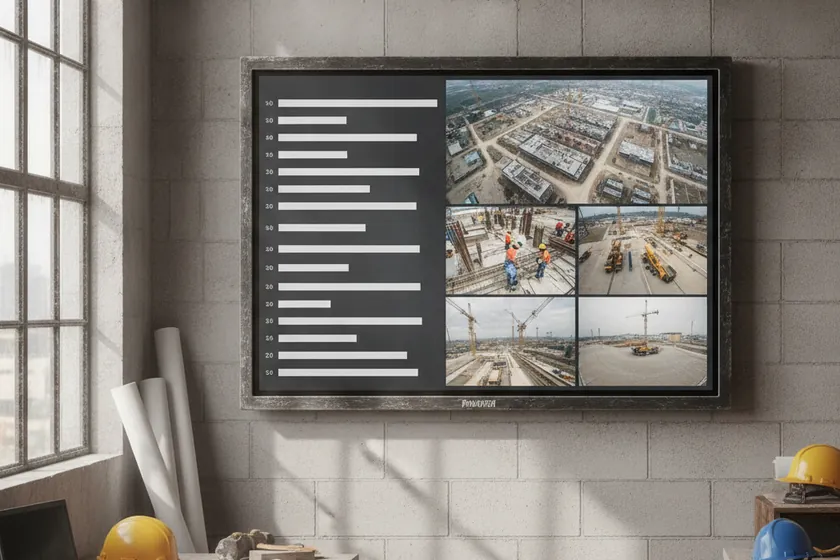 A wall monitor showing a live construction progress dashboard with floor-by-floor completion percentages and camera tiles