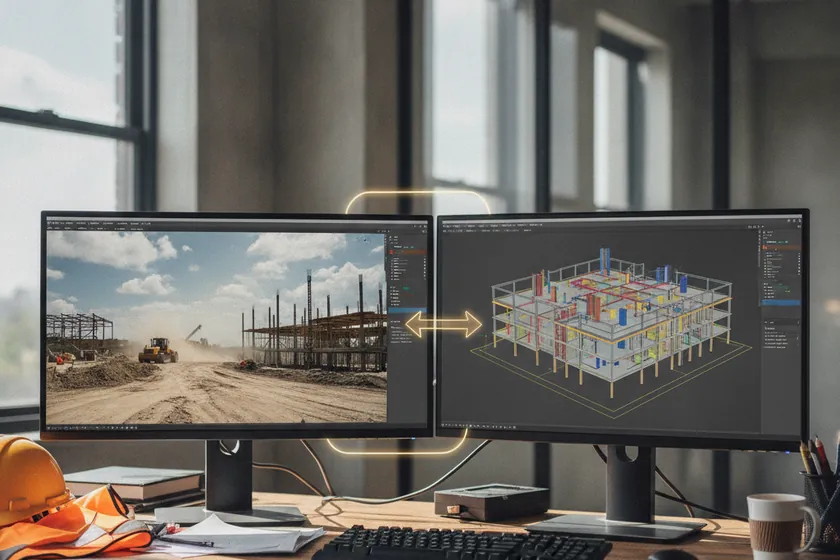 A BIM model and a live site video feed side by side on a project engineer's monitor showing integrated data flow
