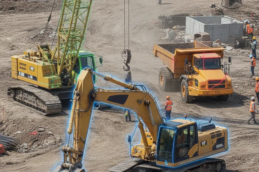 An excavator, a mobile crane and a dump truck on a site each highlighted by a distinct AI segmentation overlay