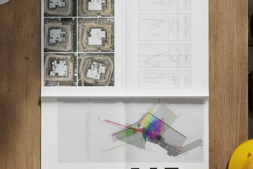 A printed weekly stakeholder evidence pack with dated aerial photographs, measurement tables and BIM overlay excerpts on a meeting table