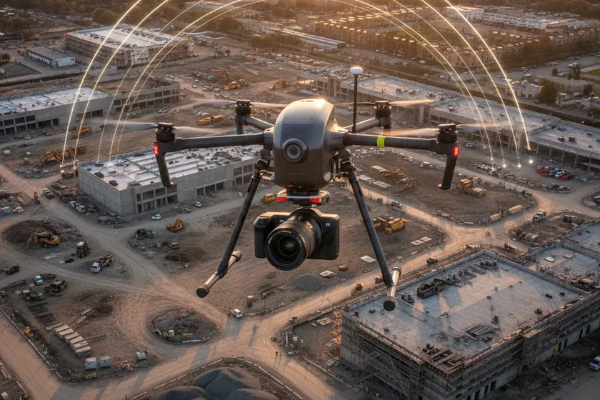 A survey drone with a calibrated camera flying above a construction site capturing overlapping aerial images