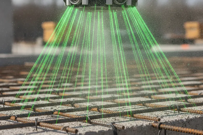A drone-mounted LiDAR scanner projecting a laser grid over an active construction site