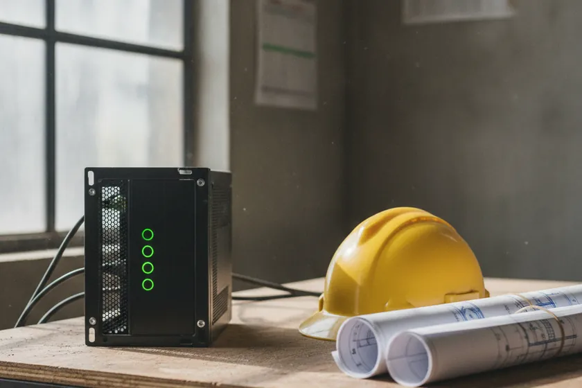 An on-prem edge inference server with status lights installed in a project site office rack