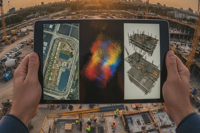 A unified survey app on a tablet showing an orthomosaic overlay, a point cloud and a digital-twin model of a construction site